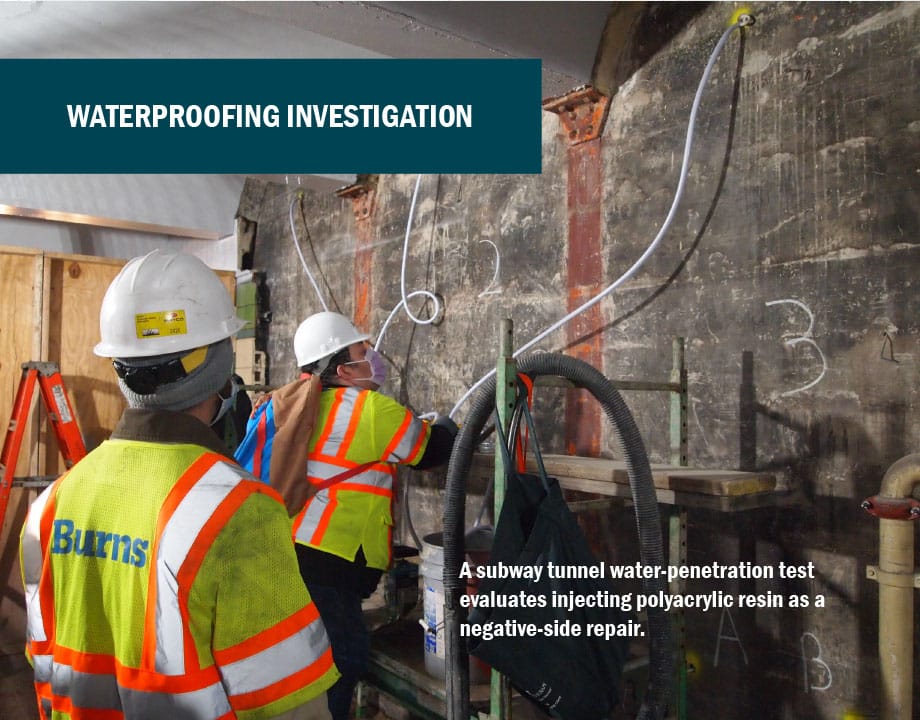 Photo of workers conducting a waterproofing investigation in subway tunnel