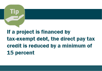 Graphic: Tip - If a project is financed by tax-exempt debt, the direct pay tax credit is reduced by a minimum of 15 percent