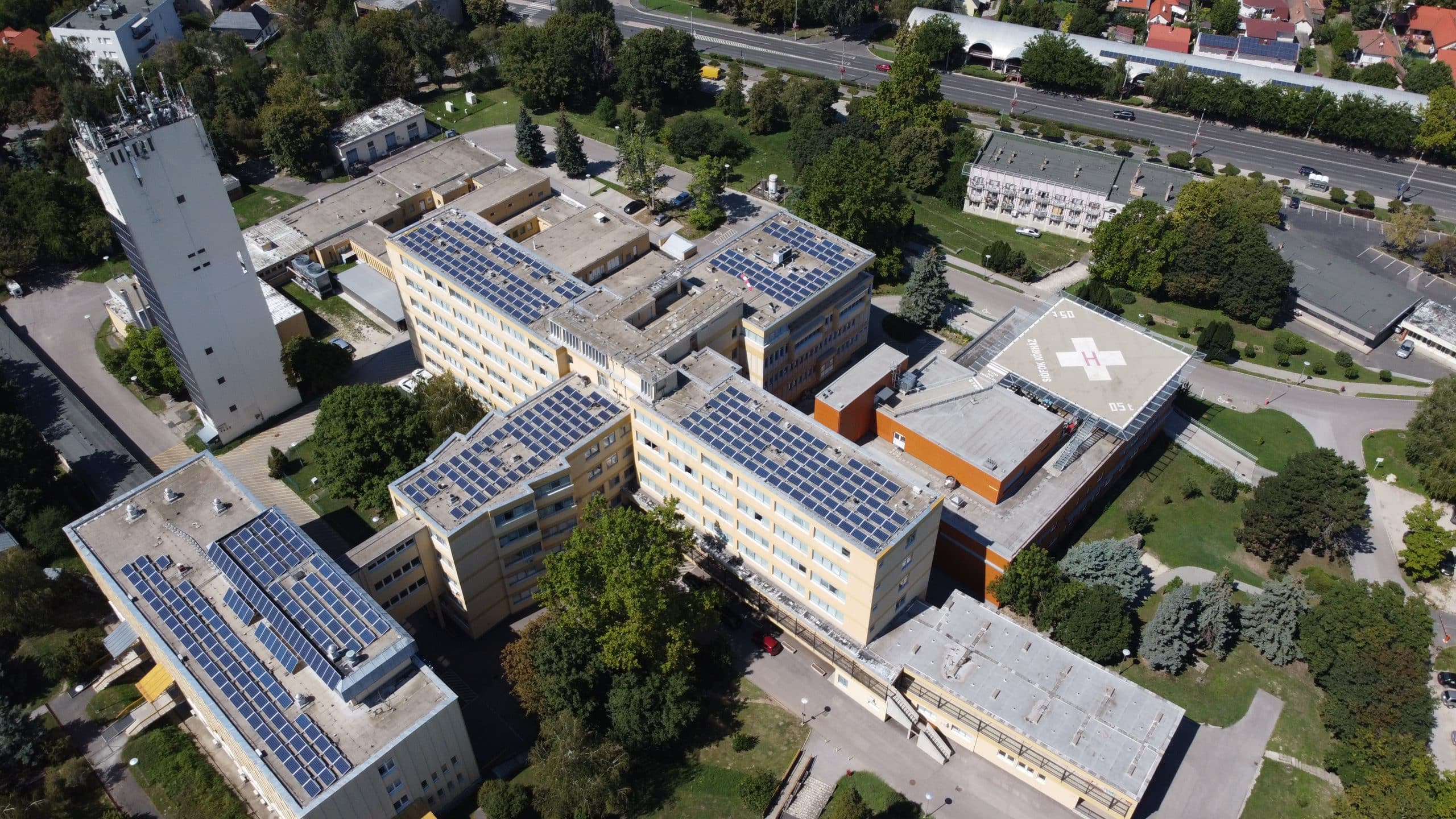 aerial view of solar panel powered hospital